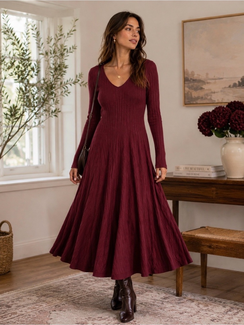 Halara Burgundy Ribbed Knit Fit & Flare Midi Dress Long Sleeve V-Neck XS